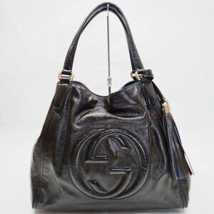 GUCCI Soho Shoulder Bag Patent Medium Black